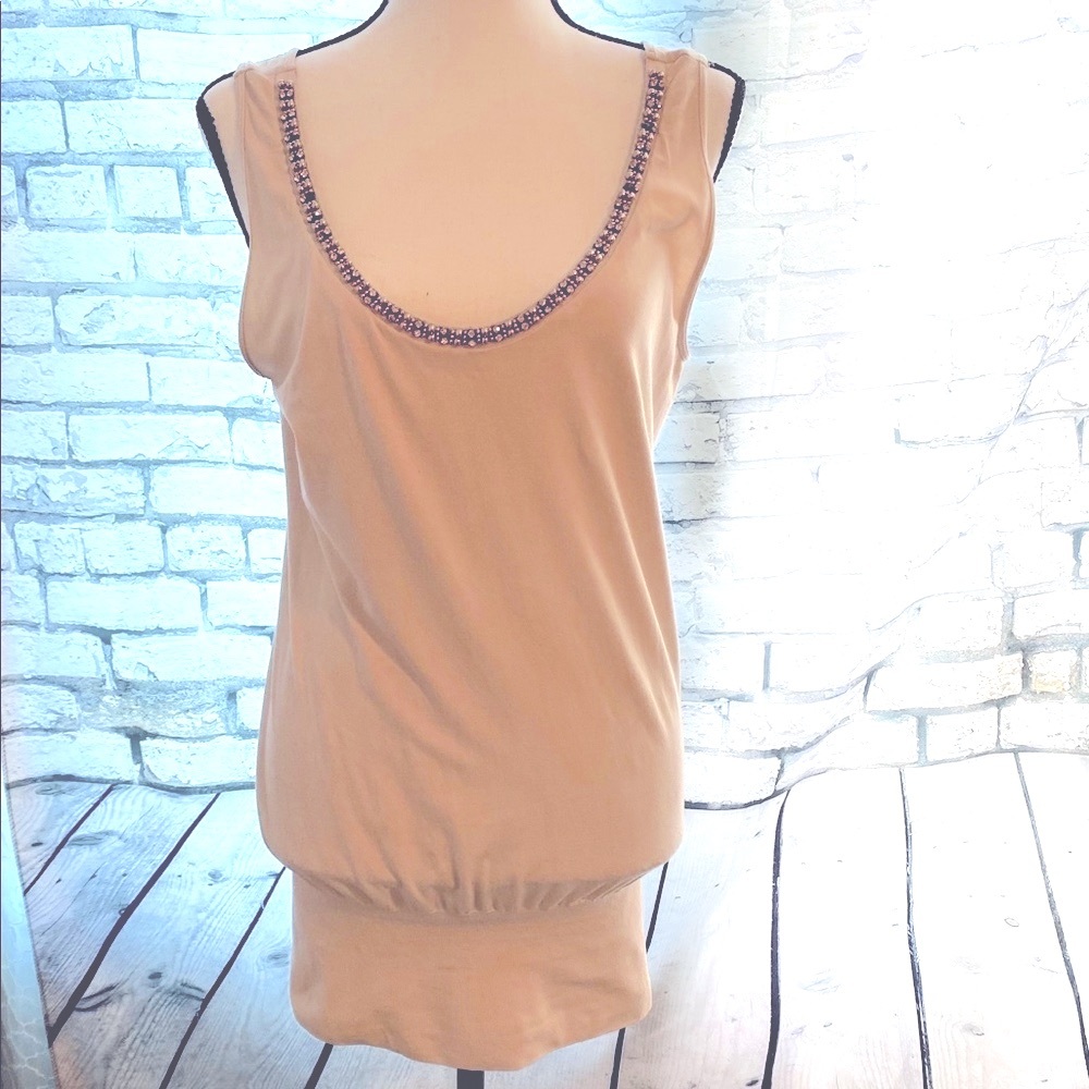 M. Rena|| Cream long tank or short dress with bejeweled scoop neckline